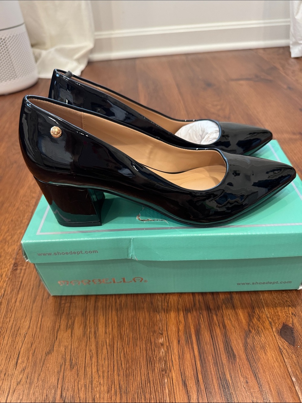 Black Patent Block Heel Pumps